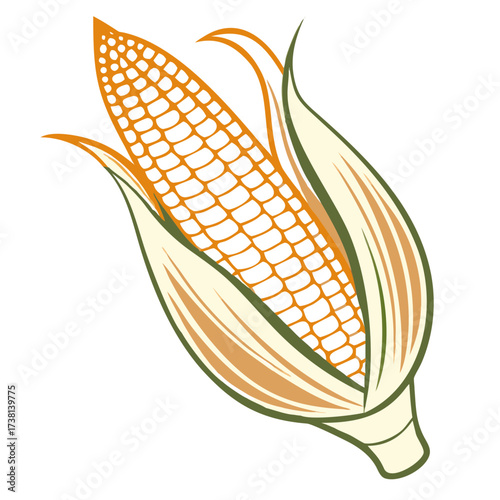 Corn cob illustration with husk in orange and green colors  