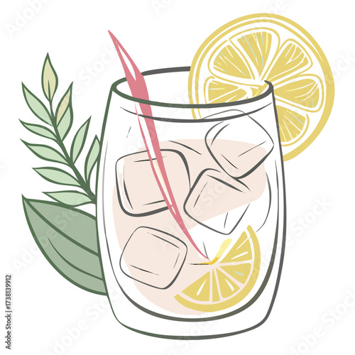Refreshing gin and tonic cocktail with lemon and ice cubes  