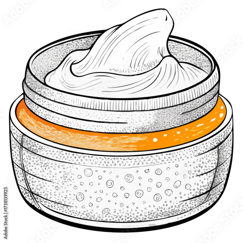 Skincare cream jar with textured lid and creamy substance inside  