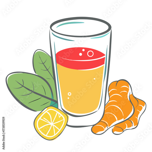 Ginger beer with lemon and fresh ginger root on white background  