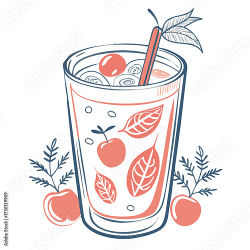 Glass of tomato juice with leaves and cherry tomatoes in illustration  
