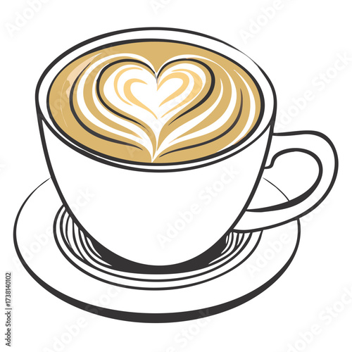 Latte coffee with heart-shaped foam in white cup on saucer  
