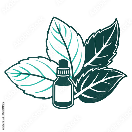 Mint leaves and essential oil bottle in minimalist style  