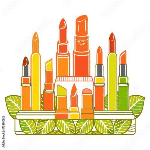 Colorful lipstick collection arranged on shelf with green leaves  