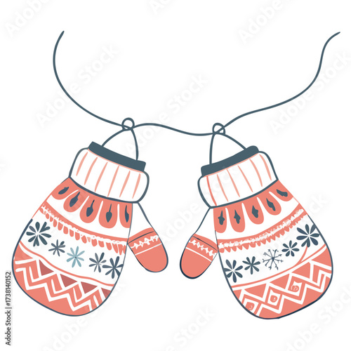 Colorful knitted mittens hanging on string in winter style  