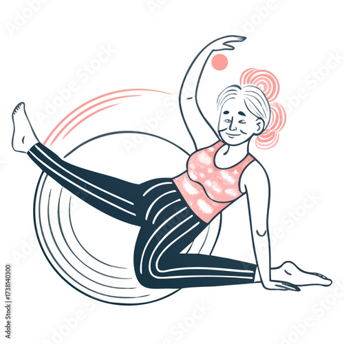 Senior woman exercising with a pilates ball while smiling  