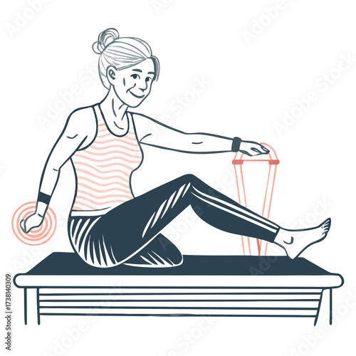 Senior woman exercising with resistance bands while smiling indoors  