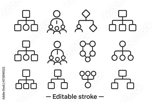 Organization chart line icons. Corporate structure hierarchy. Business management flowchart. Teamwork workflow process diagram. Company scheme connection. Editable stroke vector set.