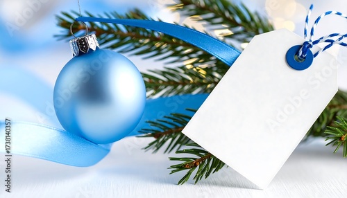 Blue ornament with ribbon and gift tag beside pine sprig on soft winter background, festive minimal composition.
