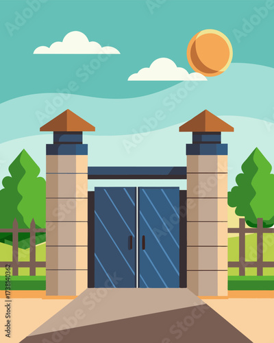 A solarpowered security gate at the entrance of a luxury housing development providing an ecofriendly solution for protecting its residents.. Vector illustration
