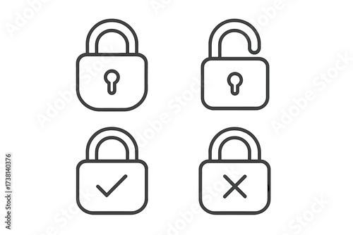 Lock icon set for security and access control. Vector line art of open, closed padlocks with checkmark, cross for approve and deny status. Editable stroke pictogram bundle.