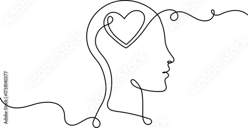 Continuous Line Art of Human Head with Heart. Mental Health Concept
