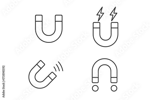 Magnet line icon set. Horseshoe magnet vector pictograms. Editable stroke. Concept of magnetism, attraction, physics, force, power, energy, and magnetic field. Inbound marketing.