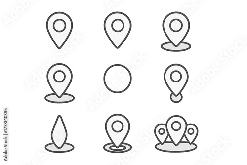 Vector map pin icon set. GPS location pointer, destination marker symbol collection. Minimal line art for navigation apps and web. Editable stroke linear pictogram bundle.