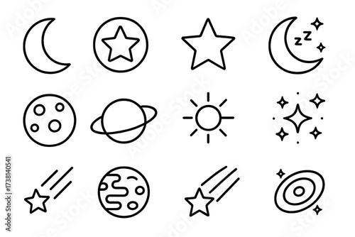 Celestial line icon set. Space objects collection with moon, star, planet, sun, galaxy. Astronomy symbols. Minimalist outline vector with editable stroke for web, app, UI design.