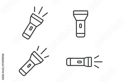 Flashlight line icon set. Torch with light beam symbol collection. Editable stroke vector pictogram for apps and web. Minimalist camping equipment & emergency electric tool.