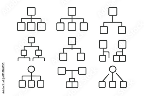 Hierarchy line icon set. Organizational chart pictogram collection. Corporate structure classification diagram. Business management workflow flowchart. Editable stroke vector signs.