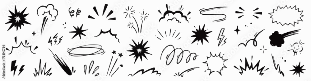 Obraz premium Collection of hand drawn black and white comic style explosion and sparkle elements