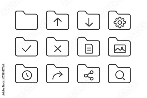 Folder line icon set. File and document management pictogram bundle. Editable stroke vector symbols for apps, web, and UI design. Includes upload, download, search, settings.