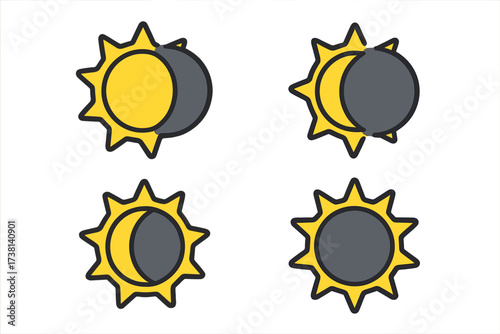 Solar eclipse phases icon set. Sun and moon vector illustration. Astronomy concept of a total and partial solar eclipse. Simple flat cartoon graphic for web, app, infographic.