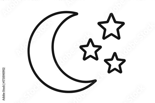 Crescent moon and stars outline icon. Night sky symbol. Simple weather pictogram for websites, apps. Vector illustration for sleep, dream, Ramadan, or bedtime concepts.