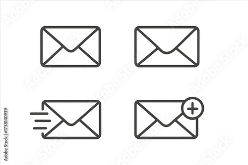 Mail envelope line icon set. Email message pictogram collection. Vector communication symbols for web and app design. Send, new, add mail concept. Minimal outline editable stroke.