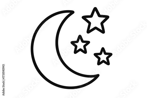 Crescent moon and stars icon for night or weather. Simple sleep, dream, and bedtime symbol. Black outline drawing of the night sky, space, astronomy. Vector illustration.