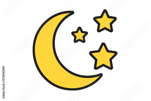 Moon and stars icon. Night sky symbol for weather apps and websites. Vector cartoon illustration isolated on white background. Good night, sleep, dream, bedtime concept.