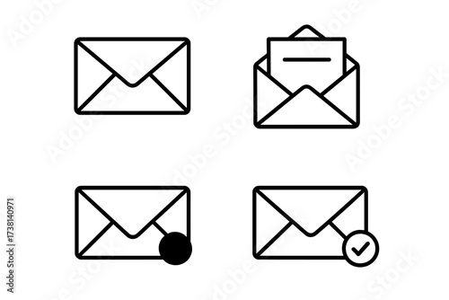 Envelope mail line icon set. Vector pictogram pack with editable stroke. Open letter, new message notification, and sent or received check mark concepts for app design.