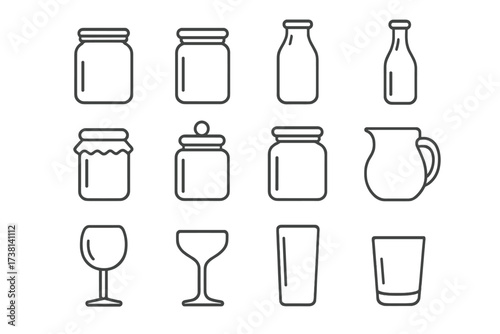 Glassware line icon set. Collection of simple outline icons including jar, bottle, drinking glass, and pitcher. Modern vector symbols for web design, apps, and infographics.