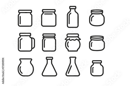 Glass jar line icon set. Vector glassware collection with bottle, mason jar, jam pot, and lab beaker. Minimalist outline icons for canning, kitchen, food, and science design.