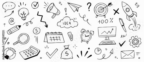 Hand drawn business icons and symbols collection for startup and success