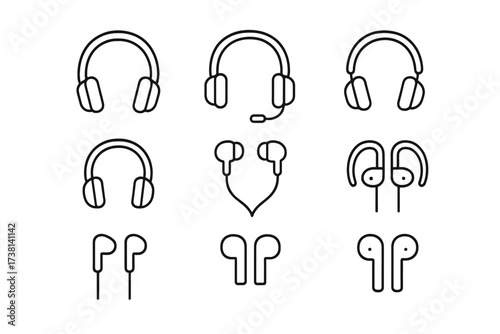 Headphones and earphones line icon set. Audio gadgets collection. Headset, earbuds, earpods symbols. Music device pictogram pack. Vector minimal outline illustration.