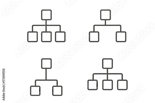 Hierarchy icon set for business structure. Organizational chart infographic elements. Corporate management, teamwork, and workflow pictograms. Editable stroke vector symbols.