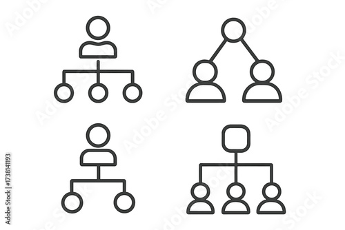 Hierarchy line icon set. Business organization chart, corporate structure, teamwork concept. Vector icons for management, leadership, and workflow. Minimalist linear pictogram design.