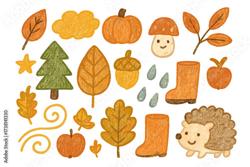 Cute autumn clipart set. Hand drawn childish doodle collection. Fall season icons with hedgehog, pumpkin, leaves, mushroom, boots. Crayon texture vector illustration for kids.