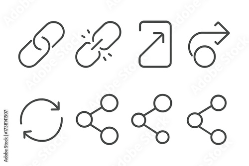 Link and share line icon set. Editable stroke vector pictograms for web and mobile UI design. Concepts of connection, network, broken link, refresh, export and social media.