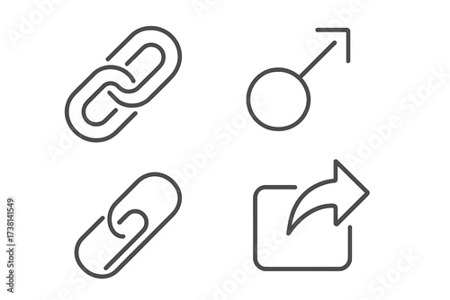 Link and share line icon pack. Editable stroke pictogram set. Minimal linear symbols for web, UI, UX, app design. Vector hyperlink, attachment, chain, and share icons.