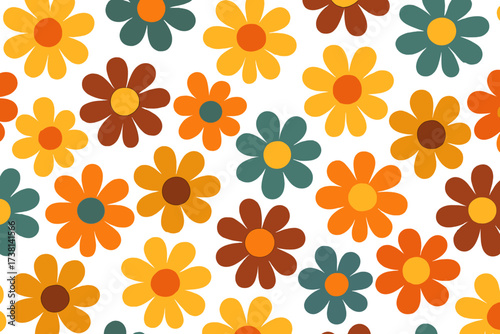 Abstract seamless pattern with groovy daisy flowers. Trendy vintage y2k design in 60s, 70s style. Retro floral vector illustration. Hippie flower power cartoon background.