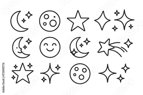 Celestial line icon set with moon and stars. Vector pack with editable stroke. Night sky elements like crescent moon, full moon, shooting star, sparkle for web, apps, design.