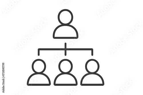 Hierarchy icon, organization chart, and corporate structure concept. Business management, leadership, and teamwork symbol. Vector line art of a manager and employees.