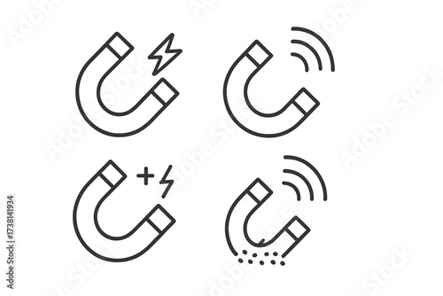 Magnet line icon set. Editable stroke pictogram. Horseshoe magnet, magnetic field, power, energy. Physics science concept. Customer attraction, lead generation metaphor.