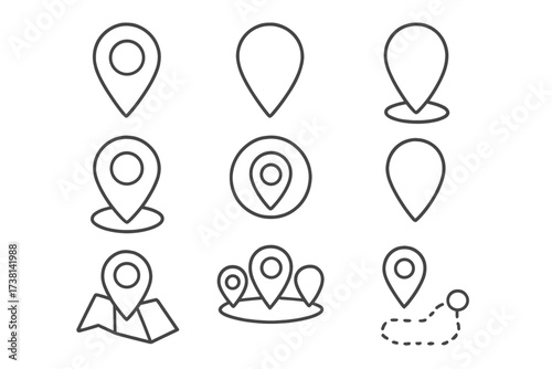 Map pin line icon set. Location marker, GPS pointer, navigation sign collection. Geotag symbol for map. Minimal vector illustration. Editable stroke for app, web, UI design.