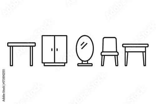 Furniture line icon set with table, closet, mirror, chair. Home and office interior design elements. Simple outline pictogram collection with editable stroke for web and apps.