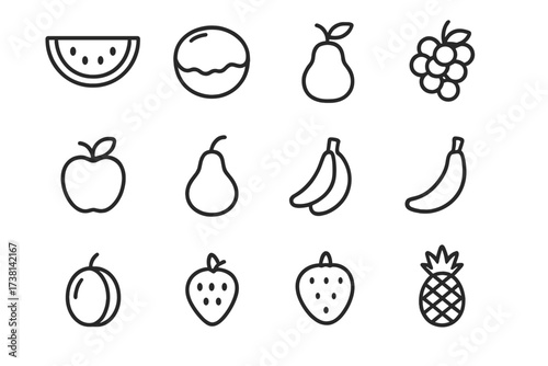 Fruit line icon set. Watermelon, grape, apple, pear, banana, pineapple vector icons. Outline pictogram collection for web design, apps, banners. Healthy food minimal symbols.