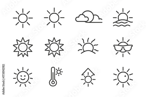 Sun and Weather Line Icon Set. Editable stroke vector icons for summer, heat, sunshine, and forecast. Minimalist symbols for UI, web design, and apps. Sunrise, sunset.