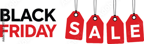 Black Friday sale advertising with red tags, shop now for amazing discounts