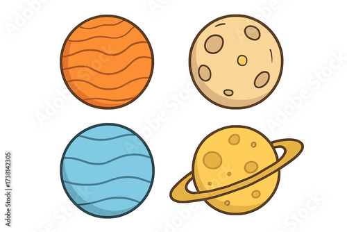 Planet icon set. Cartoon vector illustration of celestial bodies. Solar system objects like moon, saturn, jupiter. Space astronomy collection for design. Isolated graphic elements.
