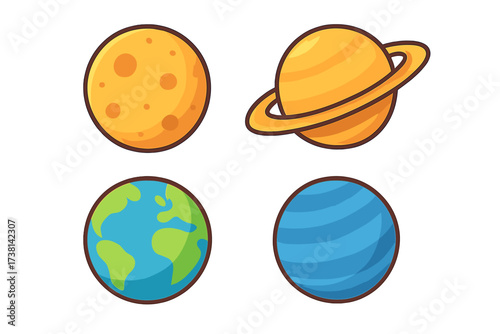 Planet vector icon set. Minimalist cartoon space objects collection. Flat design solar system symbols. Galaxy, universe, and cosmos elements for astronomy and science design.