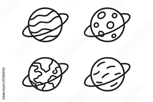 Planet icon set in simple line art style. Space, galaxy, universe symbols. Vector illustration for infographics, presentations. Astronomy, science cartoon signs. Cosmic bodies set.